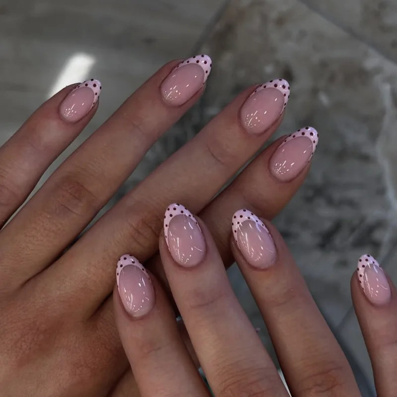 24Pcs Short Almond Fake Nail Set with French Tips & Polka Dots - Full Nude Colors