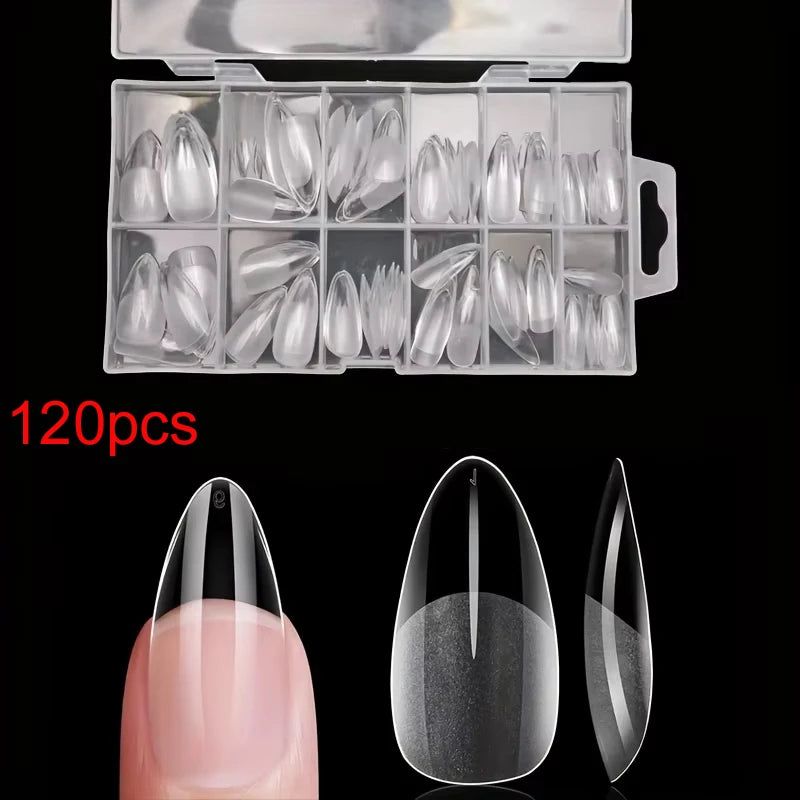 120-Piece Long Almond-Shaped False Nail Set with Semi-Matte Glue-On Tips for DIY Nail Art