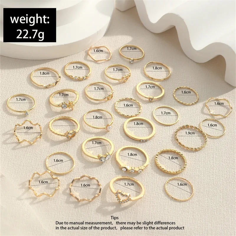 Simple Wave Jewelry Rings Set for Women - Crystal Heart & Multiple Colors