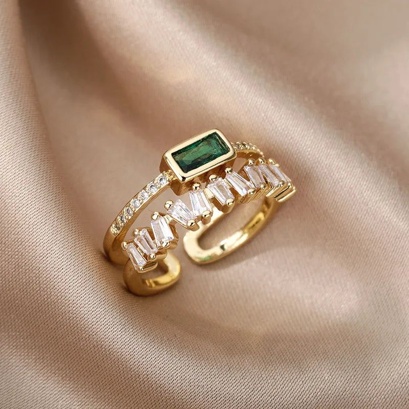 Elegant Irregular Double Layer Zircon Ring for Women Stainless Steel Gold Plated Wedding Open Finger Ring
