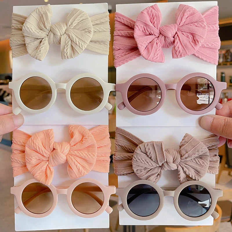 Children's Cotton Bowknot Hairbands & Round Sunglasses Set - Multiple Colors