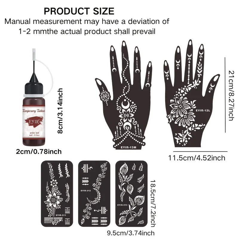 Henna Tattoo Kit with Mandala Stencils and Burgundy Temporary Body Art - 5 Reusable Designs