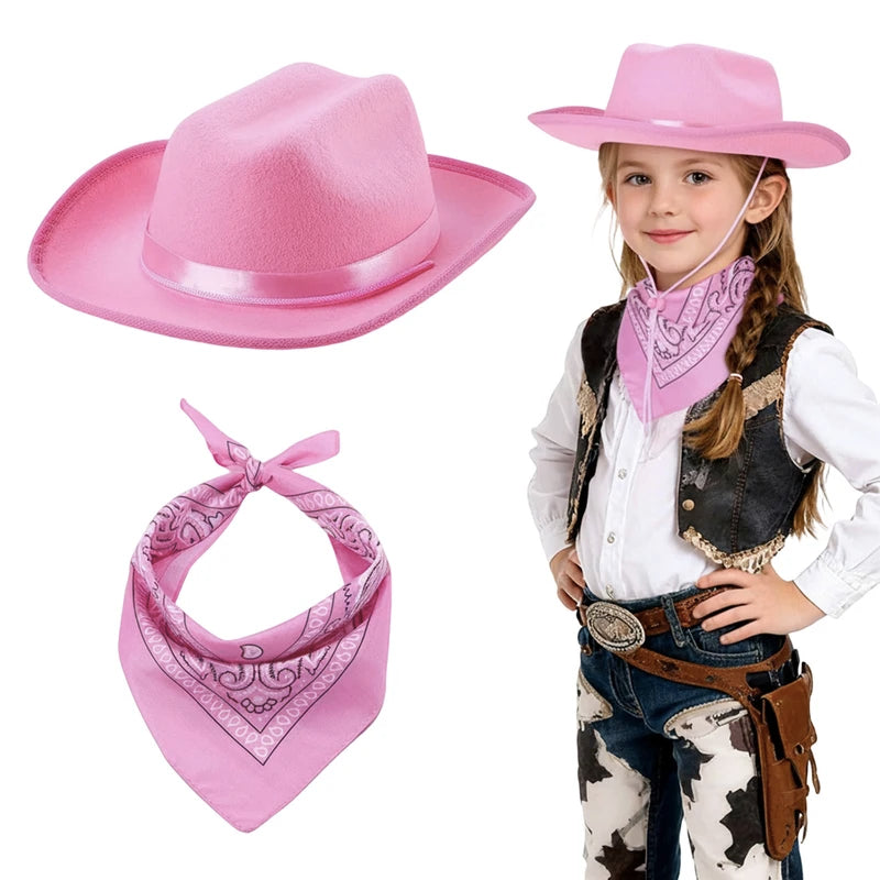 Kids Cowgirl Costume Western Hat and Bandana Set - Role Play Accessories for Halloween