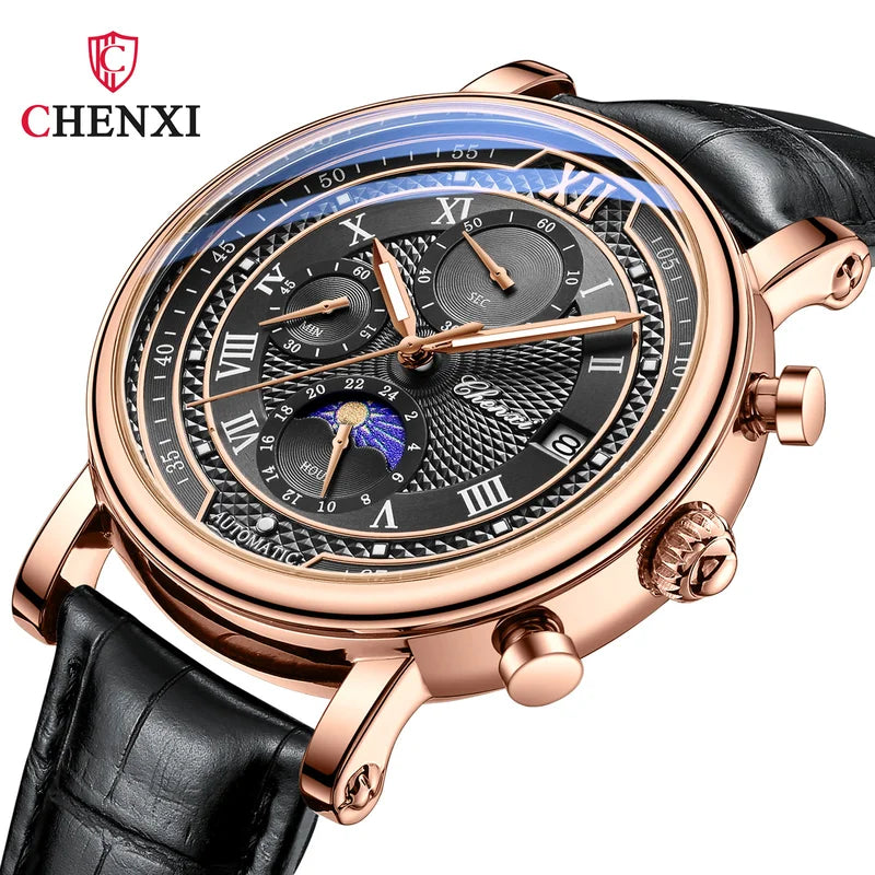 Men's Leather Chronograph Watch with Moon Phase and Luminous Quartz