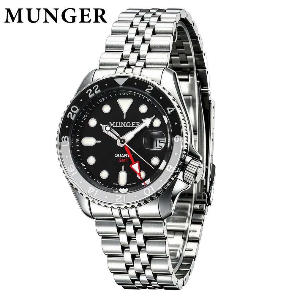 Men's 42mm GMT Quartz Watch with Luminous Hands Waterproof Stainless Steel