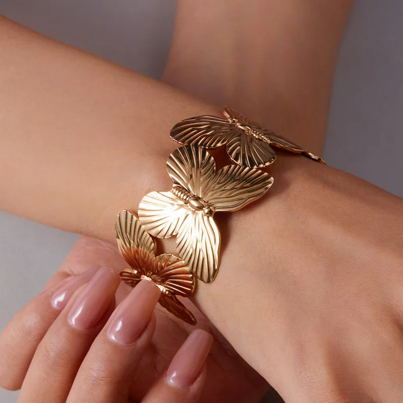Adjustable Hollow Flower Butterfly Cuff Bracelet for Women - Gold Plated Jewelry
