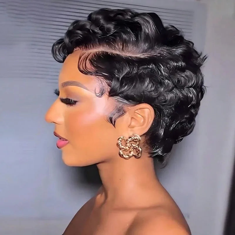 Short Pixie Wigs for Women - 6 Inch Curly Wave Human Hair, Glueless & Dense