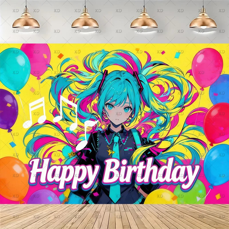 Cartoon Hatsune Miku Birthday Party Decoration Banner Balloon Set Cake Toppers Background Kid Gift