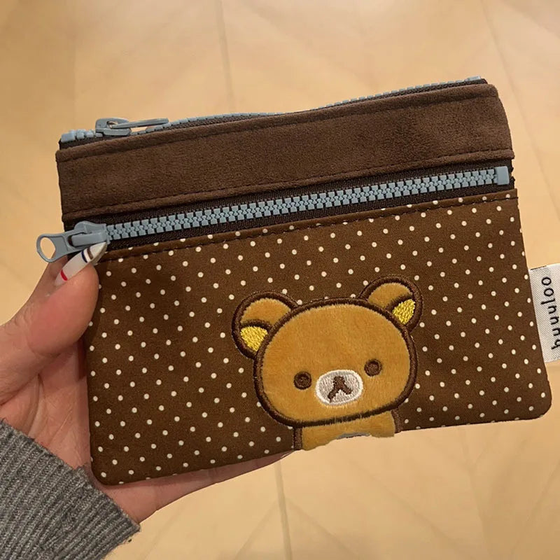 Cute Embroidered Bear Pencil Case with Polka Dots - Storage Bag & Coin Purse