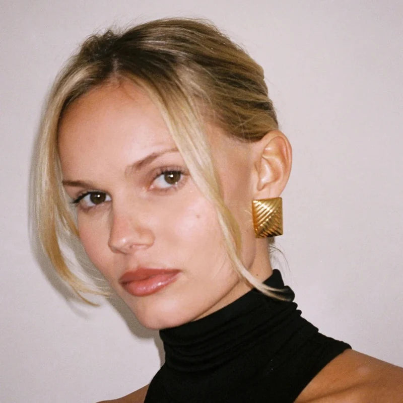 Vintage Texture Gold Plated Stainless Steel Earrings for Women Geometric Circle Twist Statement Jewelry
