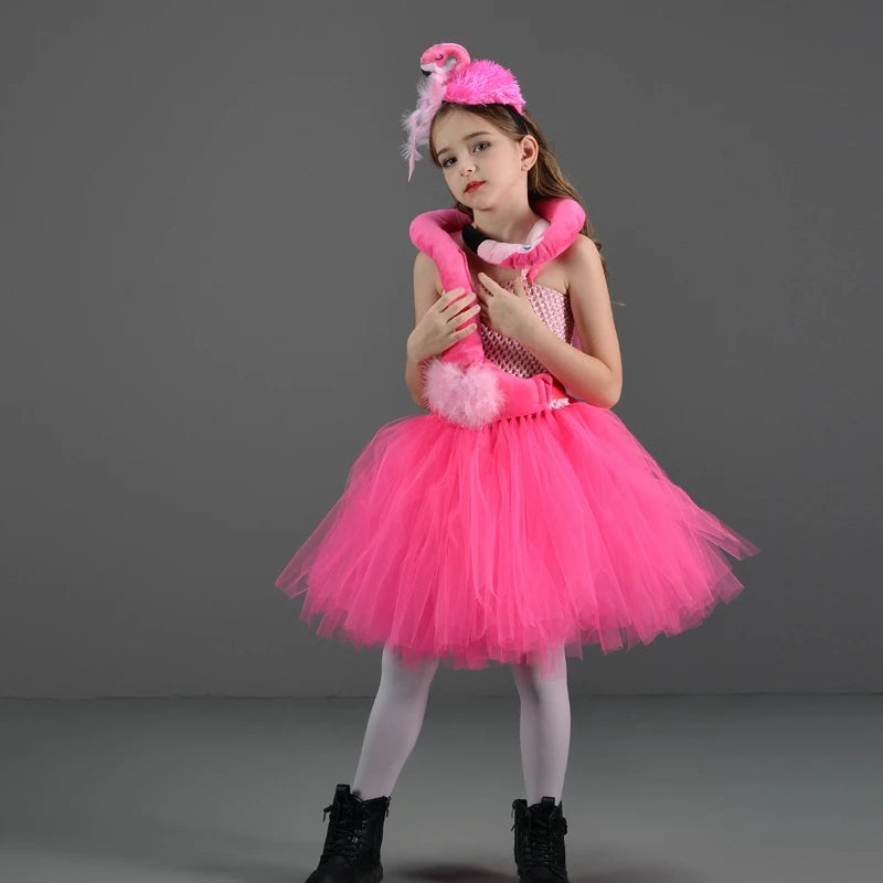 Girls Halloween Pink Flamingo Costume with Puffy Skirt for Stage & Party