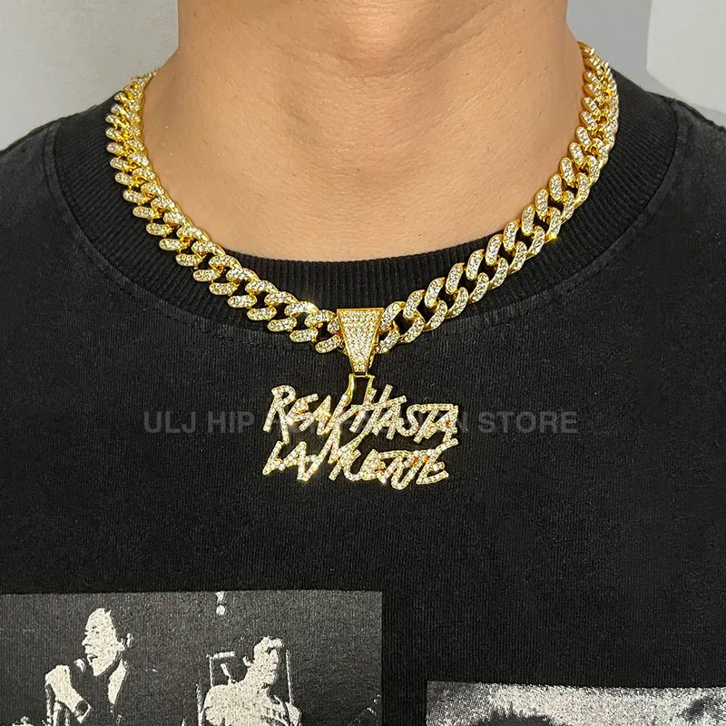 Men Women Hip Hop Iced Out Letter Pendant Necklace 12MM Cuban Chain Jewelry