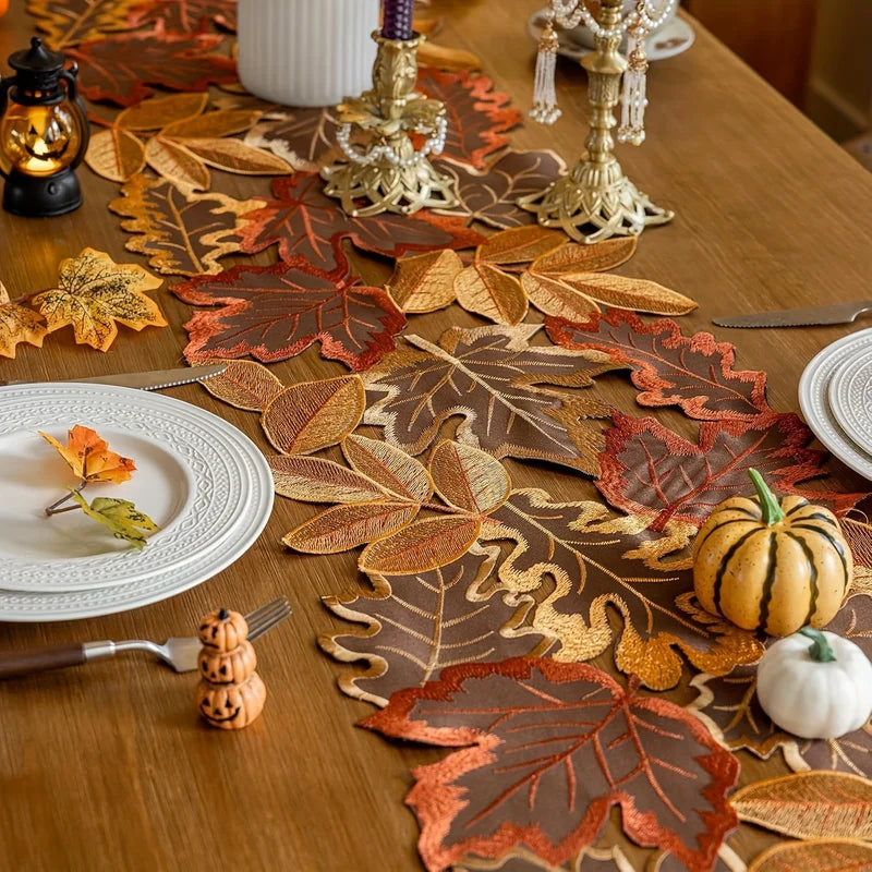 Autumn Maple Leaf Embroidered Table Runner with Flocked Design - Rustic Farmhouse Thanksgiving Decor
