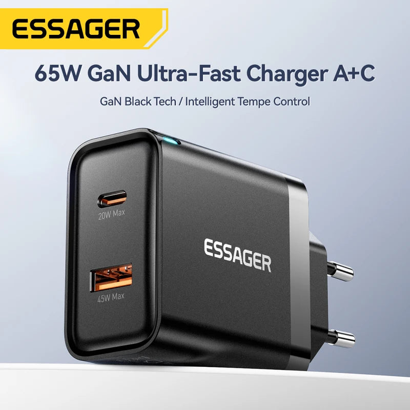 65W GaN Fast Charger USB-C Power Adapter for iPhone, Samsung, Xiaomi, MacBook