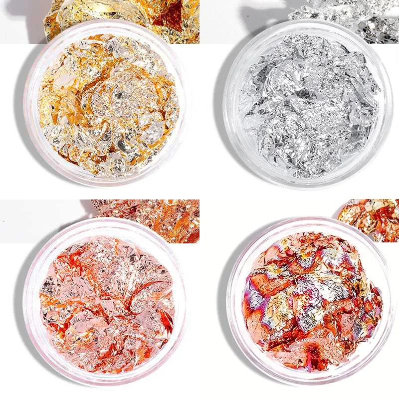 Professional Nail Art Foil and Glitter Sheets Set - Gold Silver Copper Flakes & Sequins Bulk Pack