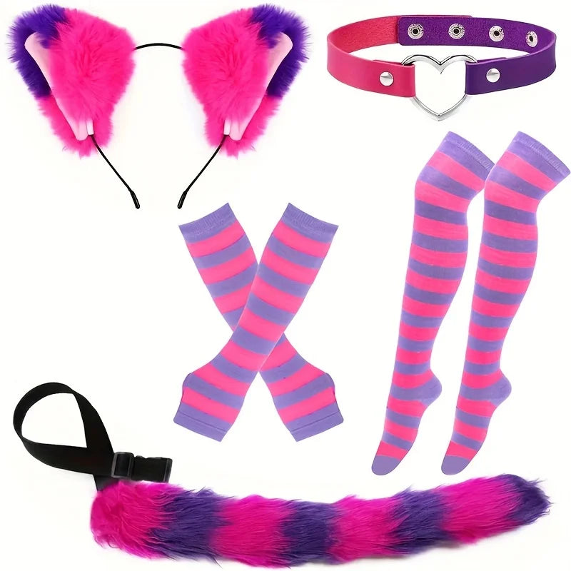Role Playing Costume Set with Stripes Furry Tail Gloves Socks for Halloween
