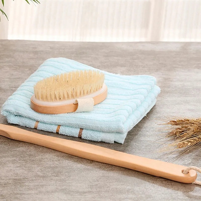 Natural Bath Brush with Long Wooden Handle for Exfoliating and Body Cleaning