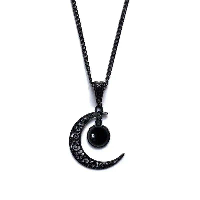 Women Gothic Moon Necklace with Colorful Stone Pendant - Punk Witch Jewelry