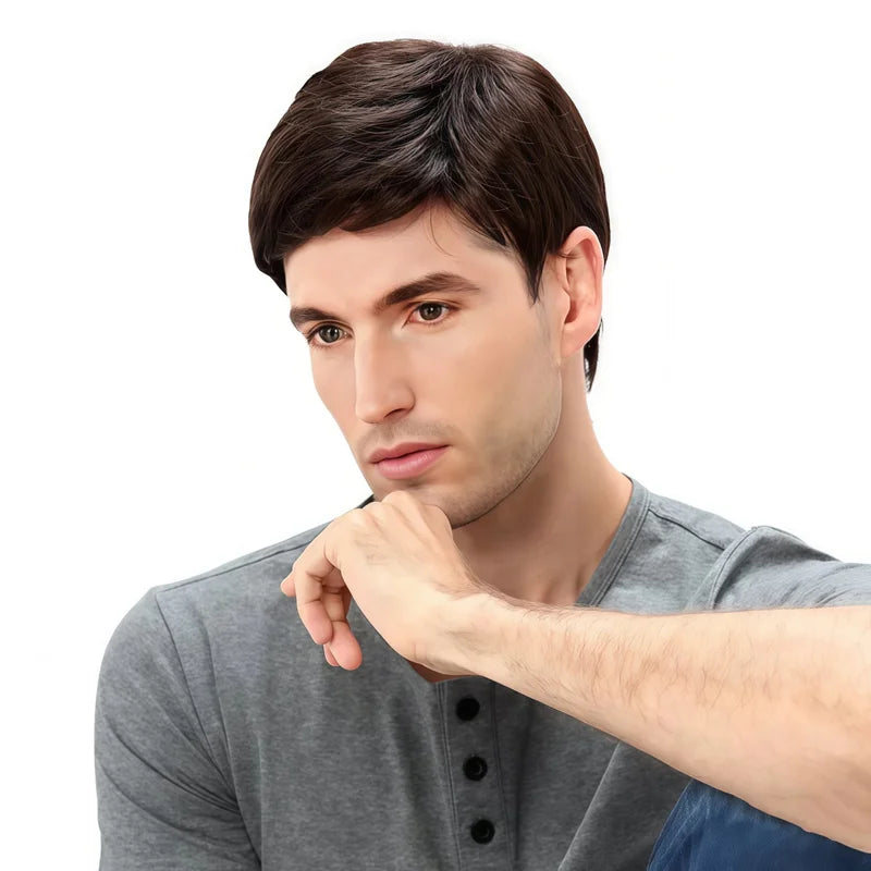 Men's Brown Short Fluffy Synthetic Wig with Side Bangs, Heat-Resistant Coily Fiber for Cosplay