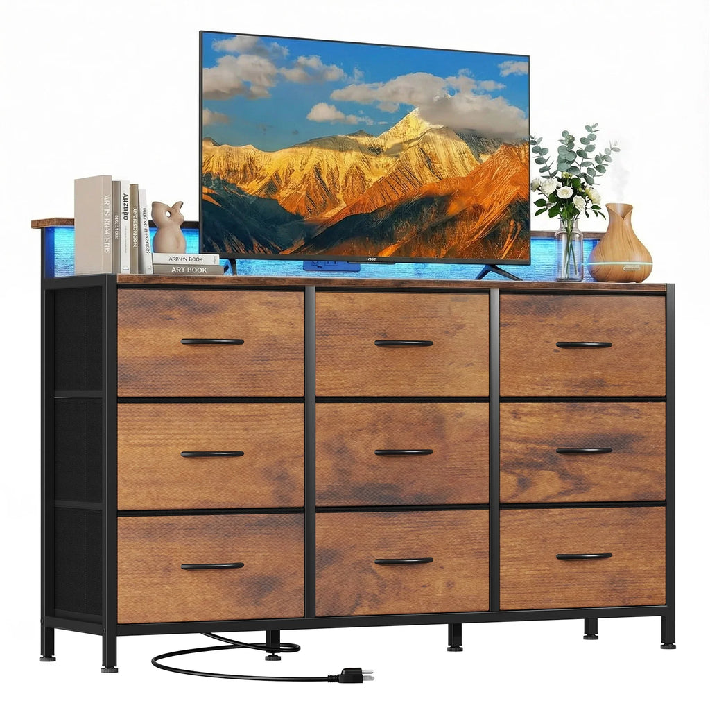 Living Room TV Stand Cabinet with 9 Fabric Drawers and Wood Top, Modern Media Console