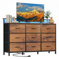 Living Room TV Stand Cabinet with 9 Fabric Drawers and Wood Top, Modern Media Console