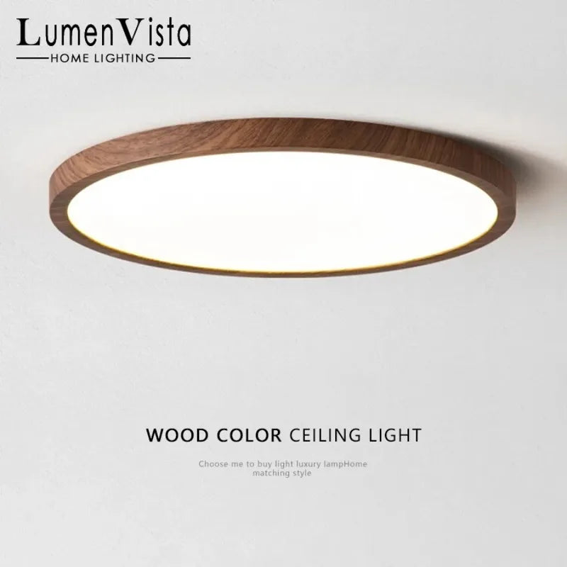 Ultrathin Circular LED Ceiling Light with Wood Grain Finish - Modern Bedroom Living Room Fixture