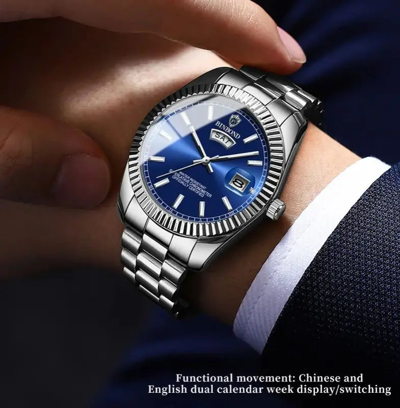 Men's Waterproof Steel Strap Quartz Watch with Calendar Night Light - Business Casual