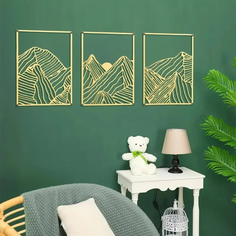Metal Wall Art 3-Piece Abstract Mountain Line Sculpture Rustic Iron Decor