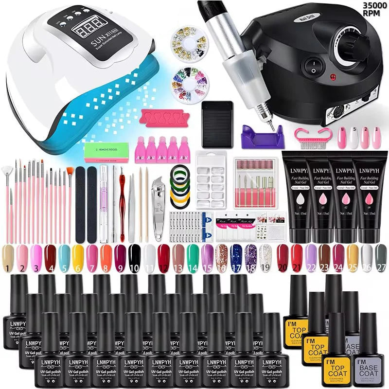 Professional Nail Polish Kit with LED UV Lamp & Nail Drill - 27 Colors