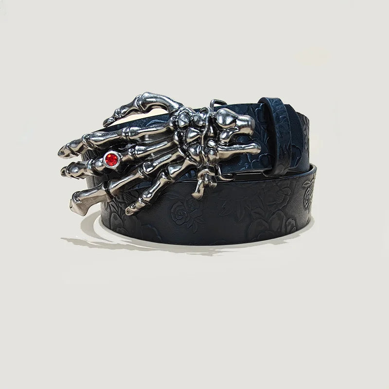 Unisex Punk Skull Leather Belt with Skeleton Hand Embossed Design for Gothic Halloween Accessories