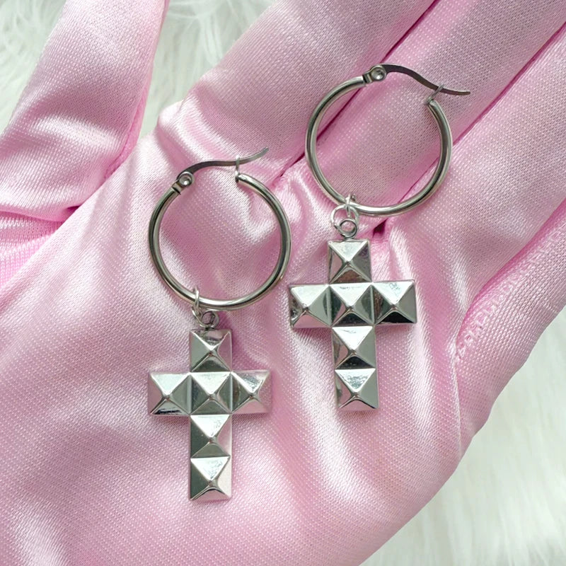 Stainless Steel Punk Cross Earrings for Women - 3D Rivet Gothic Jewelry
