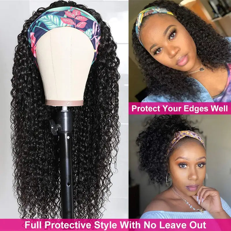 Headband Wig Human Hair Kinky Curly Full Machine Made 180% Density - No Glue