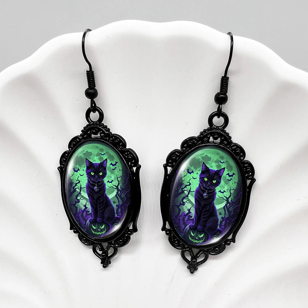 Gothic Halloween Black Cat Witch Crow Skull Dangle Earrings for Women Girls