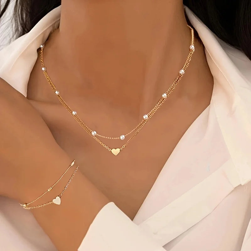 Imitation Pearl Heart Jewelry Set for Women - Gold Color Necklace & Bracelet