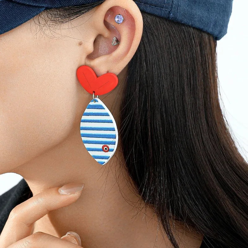 Summer Beach Nautical Fish & Heart Dangle Earrings for Women