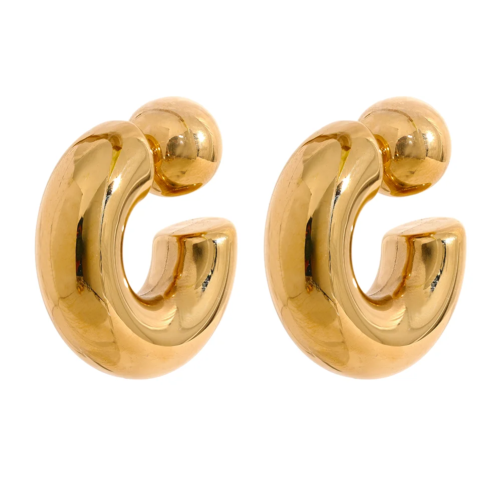 Unisex C-Shaped Round Chunky Earrings - Waterproof Metal Jewelry for Women
