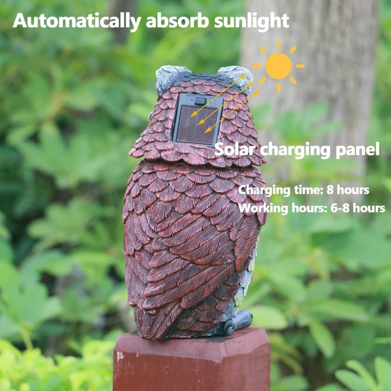 Solar Owl Garden Statue with Glowing Eyes Outdoor Decor Resin Sculpture