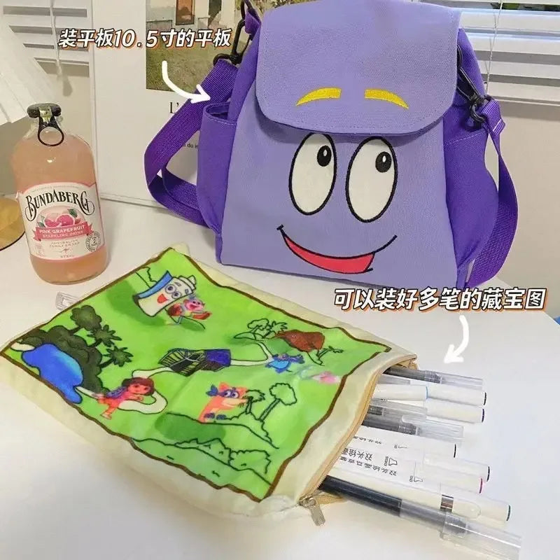 Cartoon Dora The Explorer Backpack with Pencil Case - Kids School Bag Purple Canvas Daypack