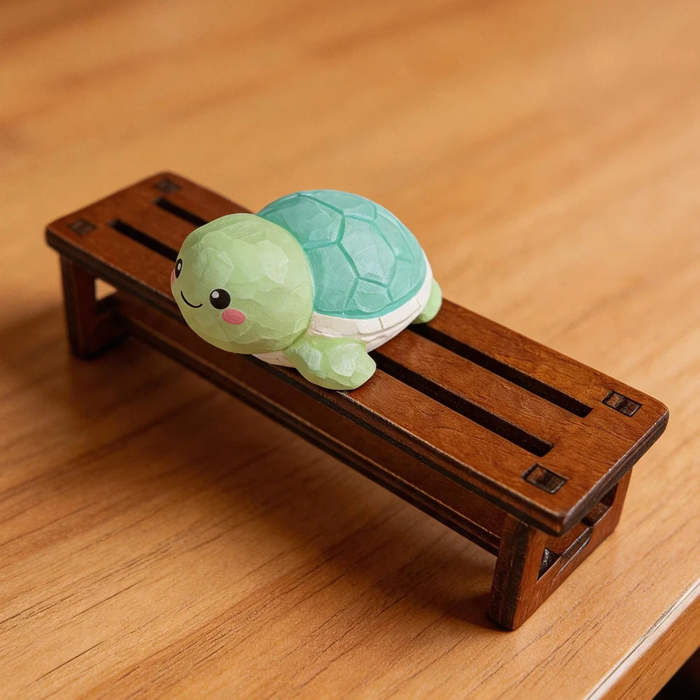 Hand Carved Wooden Turtle Figurine - Cute Green Tortoise Statue for Home Office Decor