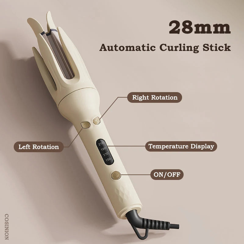 Automatic 28mm Negative Ion Curling Iron with Ceramic Barrel and LCD Display