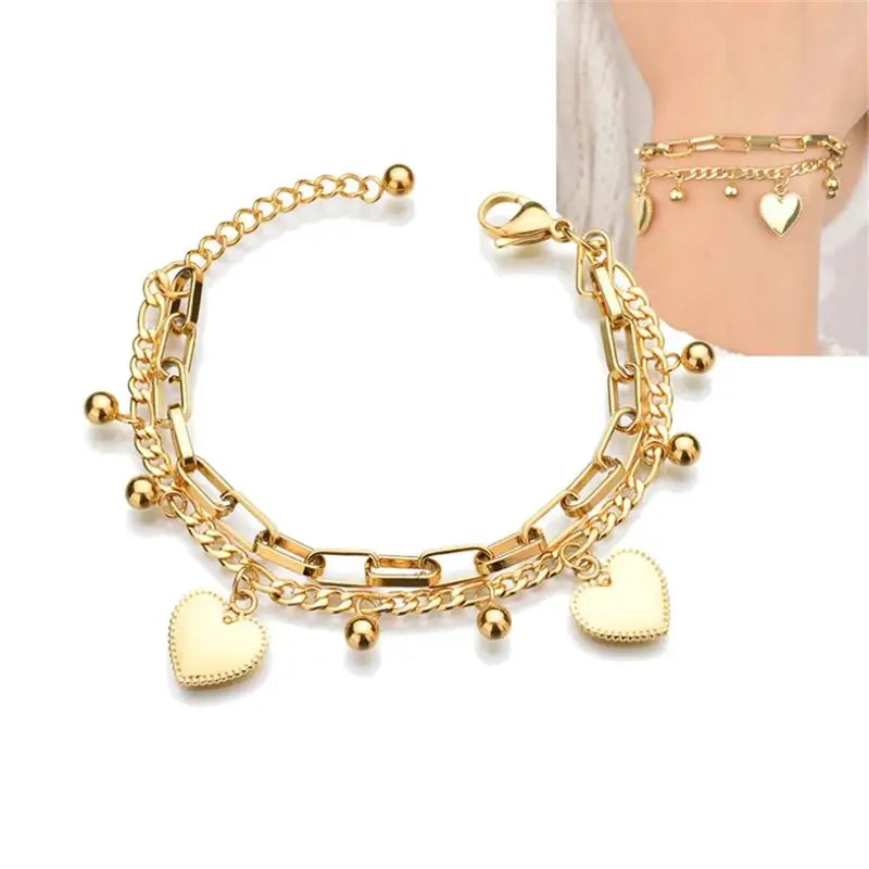 Women’s 2-Layer Heart Charm Chain Bracelet Stainless Steel Jewelry Trendy Gift