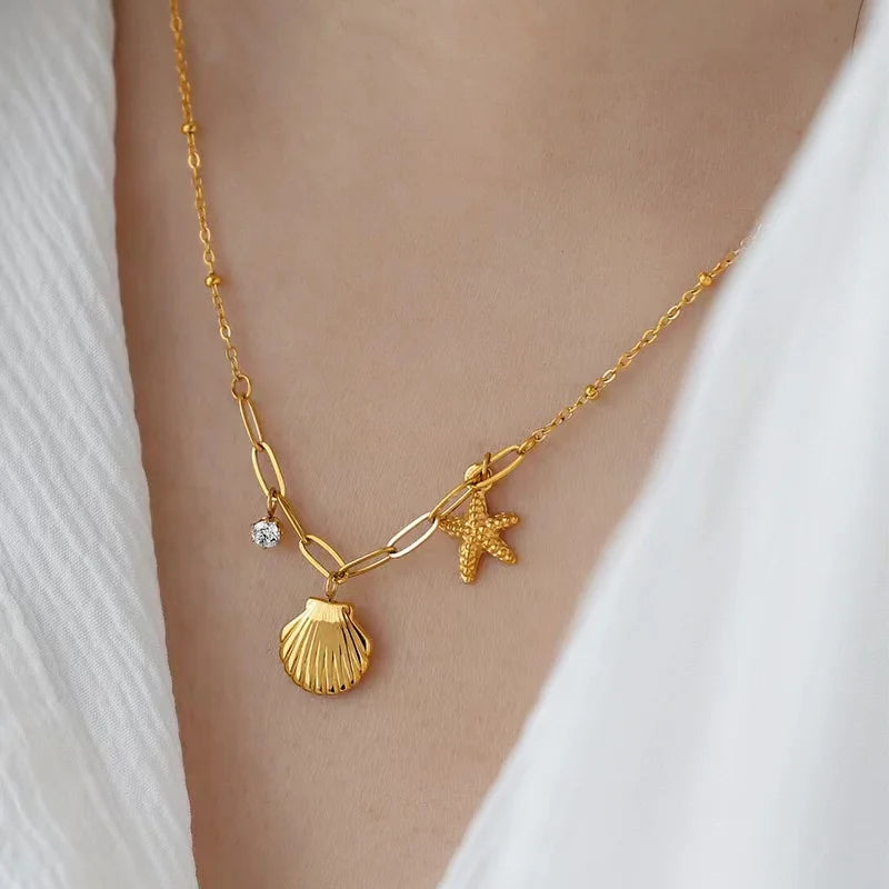Ocean-Inspired Pearl Shell Starfish Sun Charm Necklace for Women – Gold Plated Handmade Jewelry