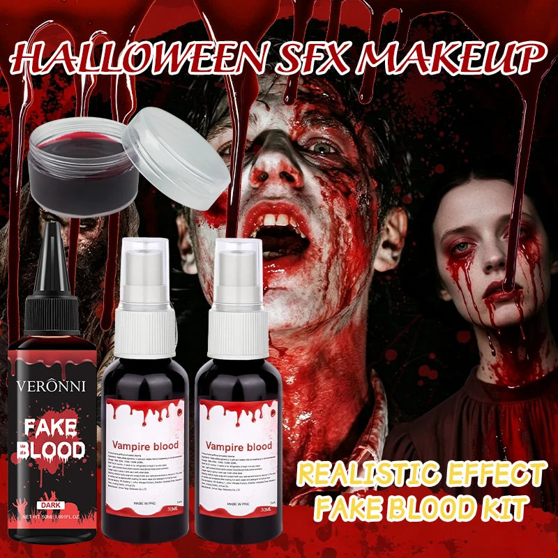 Fake Blood Makeup Kit for Halloween & Cosplay - 4-Piece SFX Blood Set