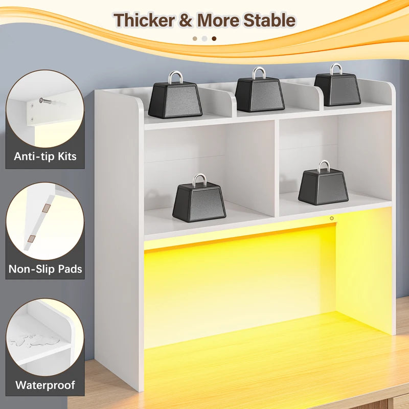3-Tier Desk Hutch with LED Lighting and 6 Shelves - Space-Saving Office Organizer