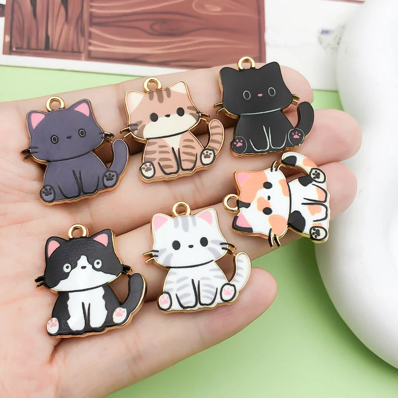 10pcs Enamel Cat Charm Set for Jewelry Making - Cartoon Animal Pendants