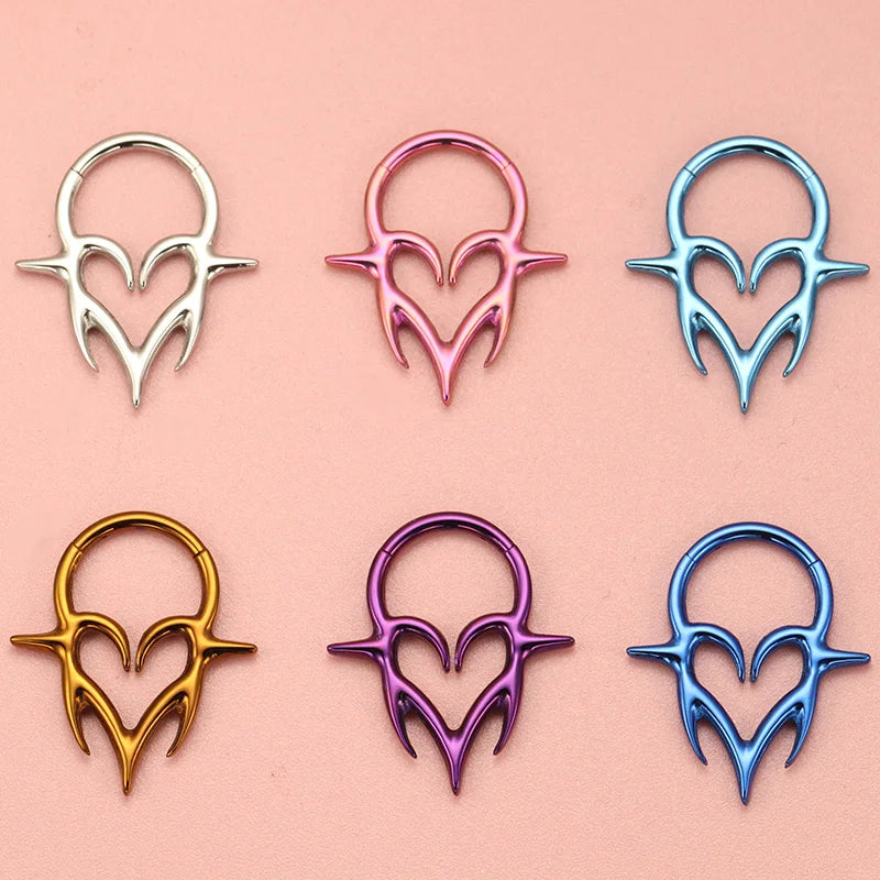 Titanium Septum Piercing Clicker with Tribal Fangs and Heart Totem Design