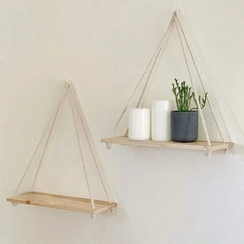 Wooden Hanging Shelf Rope Wall Mount for Plants & Decor - Natural Recycled Wood