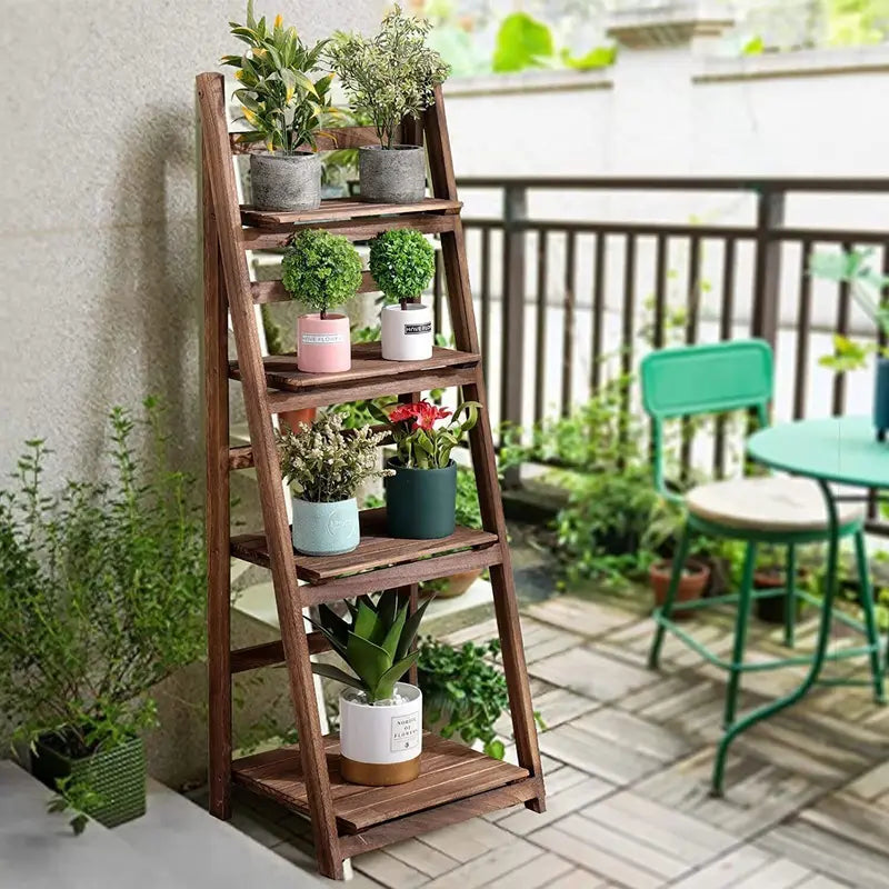 Folding 4-Tier Wooden Ladder Shelf - Indoor Plant & Storage Rack