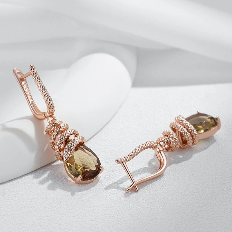 Unique Brown Zircon Snake Dangle Earrings for Women - Rose Gold Plated Jewelry