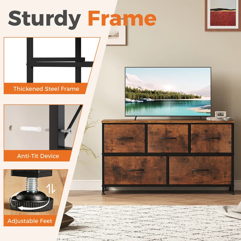 5-Drawer Fabric Dresser with Wooden Top and Metal Frame for Bedroom & Living Room Storage
